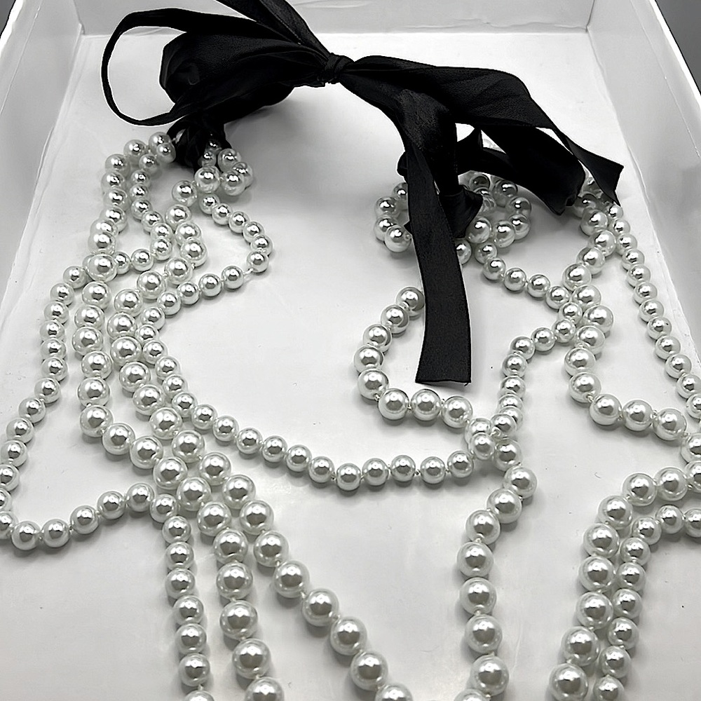 Multi-Strand White Glass Pearl Necklace on Black Satin Ribbon - Beautiful!